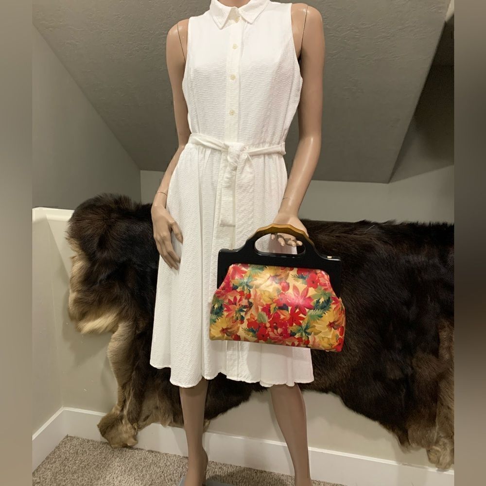 Handmade Genuine Leather Floral Print Large wooden Frame Bag & 2 Strap Styles - Picture 3 of 15